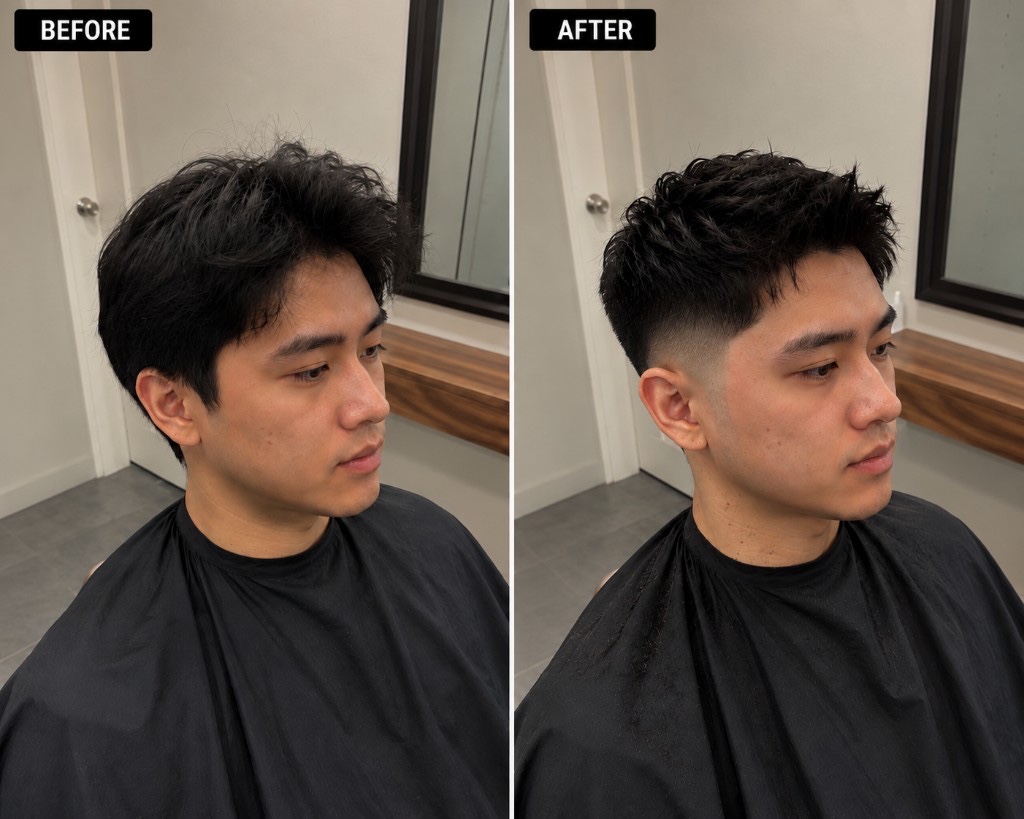 FERAT BARBER Asian client haircut before and after transformation